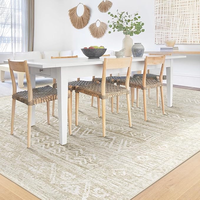 Washable Area Rug 5x7: Moroccan Rug for Living Room Geometric Boho Rug Farmhouse Non Slip Stain Resistant Rugs Low Pile Soft Carpet for Bedroom Dining Room Home Office Kids Room (Ivory Beige,5'x7')