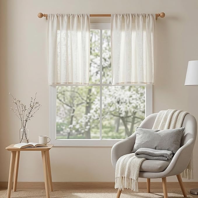 MYSKY HOME Natural Linen Curtains 24 Inch Long for Kitchen, Semi Sheer Light Filtering Window Panels Rod Pocket Valance Neutral Drapes for Small Window/Cafe/Bathroom Basement, 2 Panels, 34 x 24 Inch