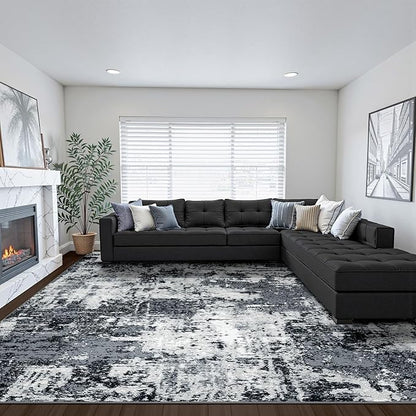 Washable Area Rugs 8'x10' Non-Slip Modern Abstract Soft for Living Room Entryway Bedroom Nursery, Print Pattern, Black Navy Blue Gray