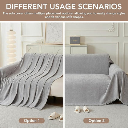 Couch Cover for Dogs, Boho Sofa Covers for 3 Cushion Couch, Chenille Sofa Slipcover for Pets Washable, L-Shape Sectional Couch Loveseat Cover Soft Throw Blankets with Tassels(71x134,Grey)