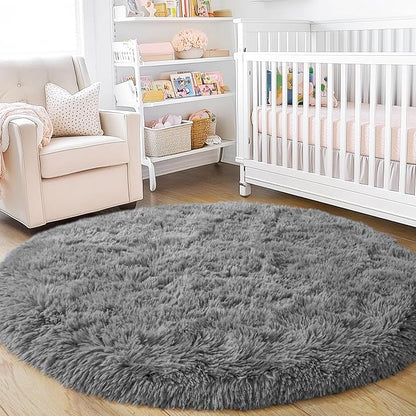 4'x4' Grey Round Rug for Bedroom, Ultra Soft Fluffy Circle Rug for Kids Girls Boys Room, Cute Shag Rugs for Living Room Playroom Teen Room Home Decor Rug