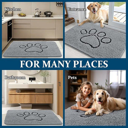 OLANLY Dog Door Mat for Muddy Paws 24x16, Paw Print Design, Absorbs Moisture and Dirt, Absorbent Non-Slip Washable Doormat, Quick Dry Chenille Mud Mat for Dogs, Entry Indoor Entryway Carpet, Grey