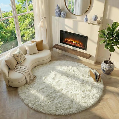 Amdrebio Ivory White Round Rug 5Ft for Bedroom Living Room Aesthetic, Neutral Fluffy Fuzzy Circle Area Rugs for Kids Room Playroom, Circular Plush Soft Shaggy Cream Carpet for Dorm Teen Baby Nursery