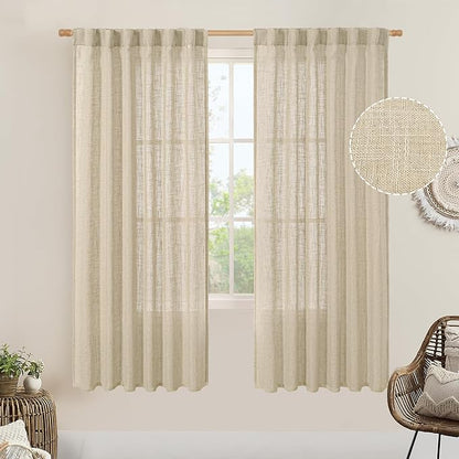 LAMIT Light Filtering Linen Curtains 68 inches Long for Bedroom, Faux Linen Textured Semi Sheer Back Tab and Rod Pocket Boho Modern Drapes for Living Room/Farmhouse, Linen, 2 Panels, 52 x 68 Inch