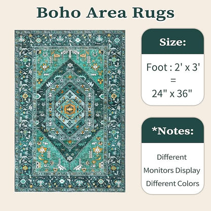 SERISSA Boho Rugs for Entryway, 2x3 Teal Entryway Rug Non-Slip Washable Small Area Rug, Ultra Soft Oriental Vintage Low-Pile Indoor Door Mat Floor Carpet for Entrance Bedroom Kitchen Bathroom