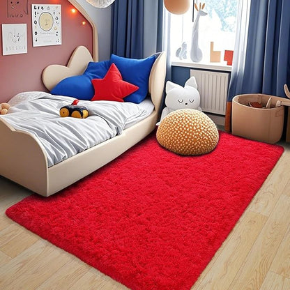 Pionblank Fluffy Area Rug for Bedroom 4x6 Feet, Shag Soft Rug for Living Room, Indoor Comfy Cute Plush Bedside Carpet for Girls Boys Room Teens Dorm Nursery Decor, Red