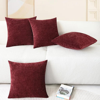 CaliTime Christmas Throw Pillow Covers Decorative 18 X 18 Inches Pack of 4 Cozy Chenille Cushion Cases for Couch Sofa Bed Living Room Home Burgundy