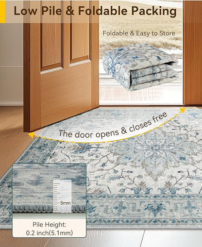 Area Rugs 3'x5' Washable Non-Slip, Floral Vintage Distress Print Pattern Medallion Carpet for Living Room Bedroom Dining Room, Light Blue Navy Beige Gray White