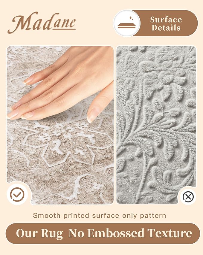 Madane 8x10 Area Rugs for Living Room, Machine Washable Vintage Rug with Non-Slip Backing, Soft Floral Print Large Throw Rugs, Thin Carpet for Bedroom Dining Room Farmhouse (8 x 10, Brown/Sand)