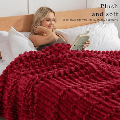Exclusivo Mezcla Twin Size Flannel Fleece Blanket, Super Soft Striped Jacquard Bed Blanket, Lightweight Fuzzy Cozy for All Seasons, 60x80 Inches, Deep Red