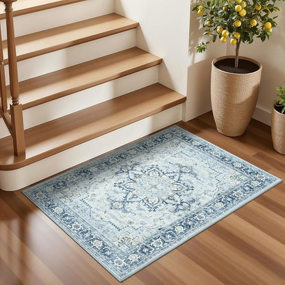Lofus 2x3 Washable Rug for Entryway Bathroom, Non Slip Kitchen Mats for Floor, Vintage Soft Door Mat Indoor Entrance, Small Area Rugs, Farmhouse Carpet for Entry Living Room Bedroom, Blue Gold