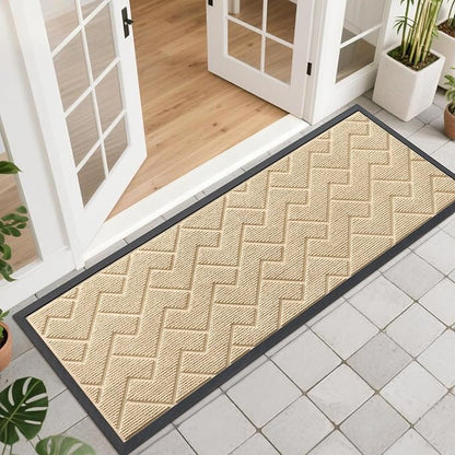 OLANLY Front Door Mat Indoor Outdoor Entrance, Waterproof All-Season, All-Weather Doormat, Sturdy Natural Rubber, Low Profile, Easy Clean Patio Porch Entryway Mat, Herringbone Brick (Beige, 47x17)