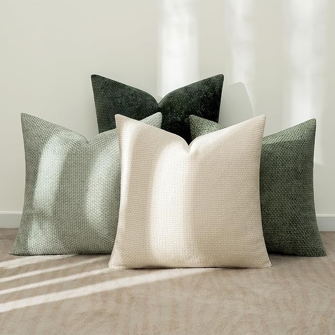 MIULEE Pack of 4 Couch Throw Pillow Covers 18x18 Inch Neutral Green Soft Decorative Chenille Pillow Covers Farmhouse Accent Cushion Covers for Boho Spring Home Decor Sofa Bedroom Living Room