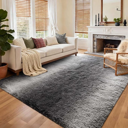 Area Rugs for Living Room, Tie-Dyed 5x7 Feet Soft Fluffy Shagg Plush Rug High Pile Large Indoor Modern Non-Slip Floor Carpet for Bedroom Nursery Kids Home Room Dorm Decor Aesthetic Grey White Gradient