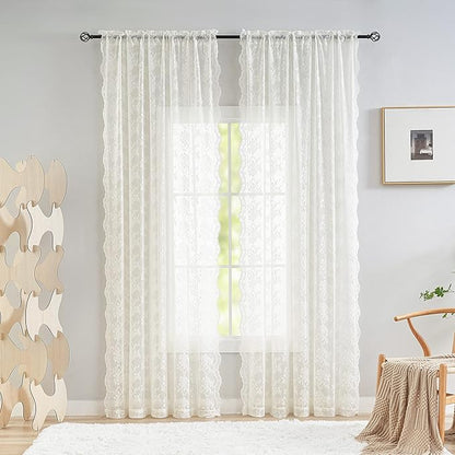 YJ YANJUN Vintage Lace Curtains 84 Inches Long-Victorian Floral Pattern Ivory Sheer Curtain Panels for Living Room Bedroom French Door, Light Filtering Drapes, 2 Panels 52W x 84L Cream