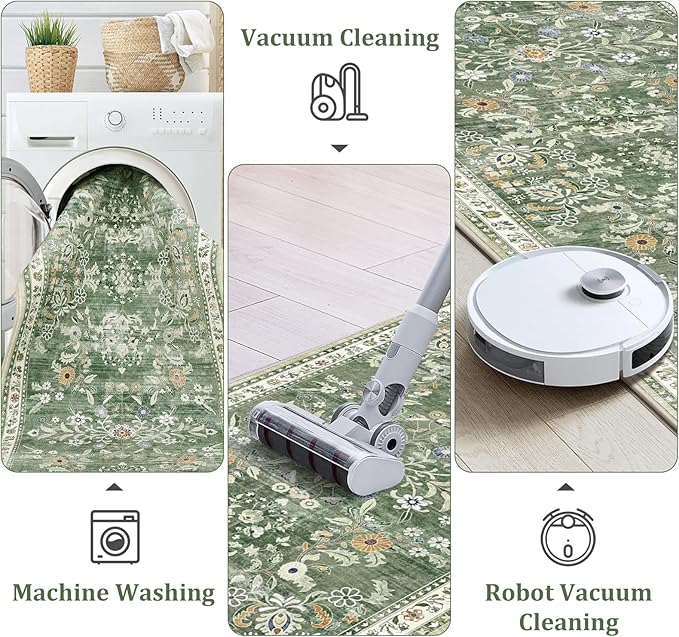 Yamaziot Washable Runner Rug 2x6 – Non Slip Boho Floral Hallway Runner Rug with Rubber Backing, Low Pile Faux Wool Distressed Carpet for Kitchen, Laundry, Bedroom, Entrance, Mottled Green