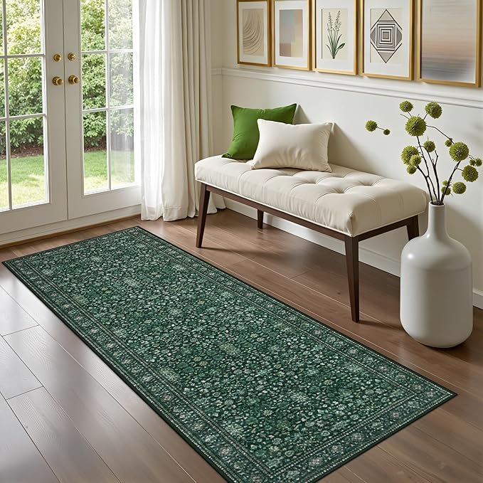 Hallway Runner Rug Non Slip - Washable 2.6x8 Kitchen Rugs for Living Room, Low-Pile Soft Bedroom Rug Indoor Floor Stain Resistant Carpets for Entryway, Laundry, Bathroom Deep Green
