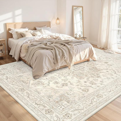 8x10 Area Rugs for Living Room: Vintage Boho Neutral Washable Rug Indoor Soft Large Area Rug Carpet for Bedroom Nursery Farmhouse Dining Room Office Floor Non-Slip Low Pile Under Table Rug Beige White