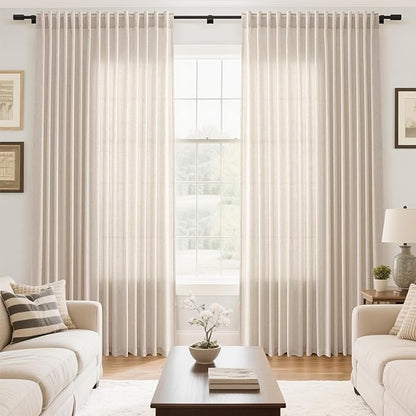 Extra Wide 100 Inch Linen Curtains for Living Room Divider Light Filtering Semi Sheer Back Tab Patio Curtains for Sliding Door Beige Coastal Decor Sunroom Floor to Ceiling Window Curtain 100x84