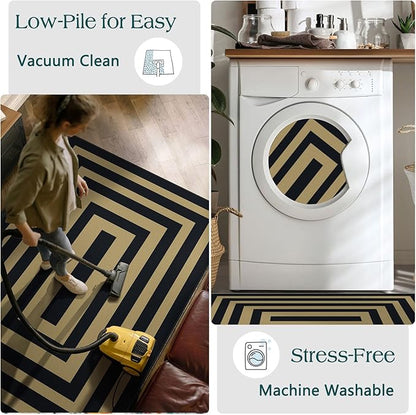 3x5 Modern Entry Rug - Small Washable Indoor Outdoor Mats for Front Door Non-Slip Porch Rug Black Tan Geometric Striped Throw Rugs for Living Room Bedroom Entryway Kitchen Office Porch Decor