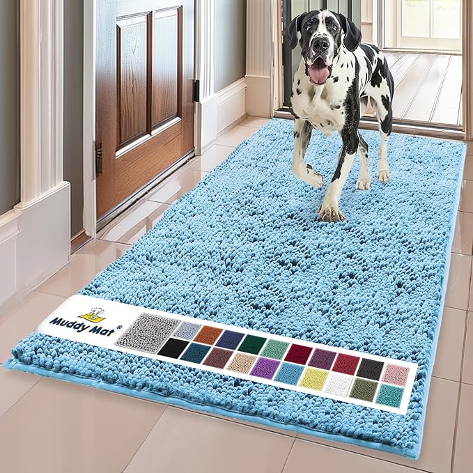 Muddy Mat® | Super Absorbent Door Mat Indoor, Microfiber Quick Dry Chenille Entryway Rug, Non-Slip Front Door Mat, Indoor Mats for Entryway, Machine Washable Pet Rug, Sky Blue 24" x 72"
