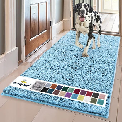 Muddy Mat® | Super Absorbent Door Mat Indoor, Microfiber Quick Dry Chenille Entryway Rug, Non-Slip Front Door Mat, Indoor Mats for Entryway, Machine Washable Pet Rug, Sky Blue 24" x 72"