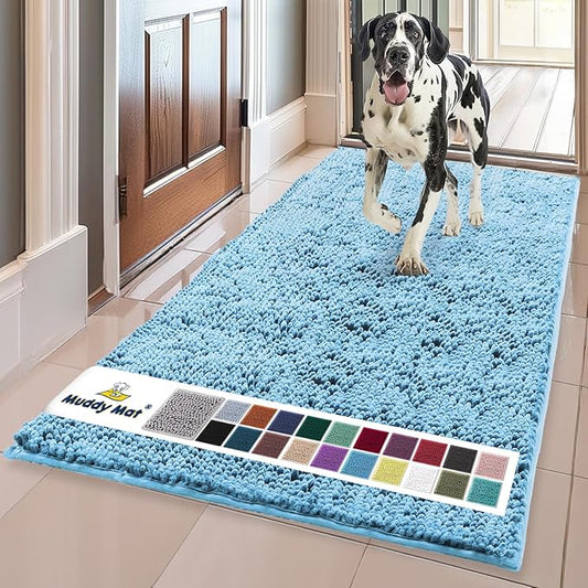 Muddy Mat® | Super Absorbent Door Mat Indoor, Microfiber Quick Dry Chenille Entryway Rug, Non-Slip Front Door Mat, Indoor Mats for Entryway, Machine Washable Pet Rug, Sky Blue 24" x 72"