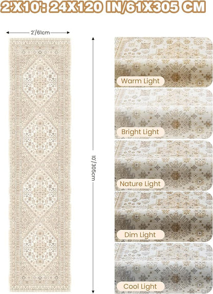 Runner Rug 2x10, Ultra-Thin Kitchen Rugs Non Slip Washable Rugs for Entryway Rug, Kitchen Runner Low Pile Vintage Soft Carpets for Living Room, Bathroom Bedroom (Cream/Beige,2'x10')