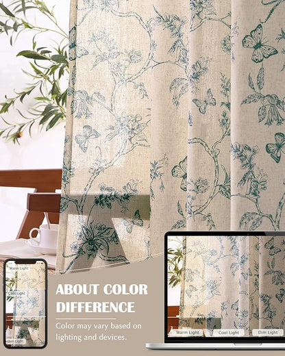 jinchan Floral Linen Curtains for Living Room 84 Inch Length Butterfly Curtain Blue Floral Curtains French Country Farmhouse Curtain Flower Patterned Drapes Window Treatment Set 2 Panels