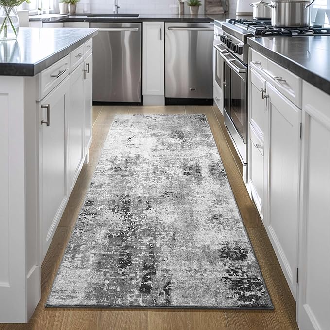 Ompaa 2x6 Rug Runners for Hallways Kitchen Runner Rug Non Slip Washable Grey Long Runner Rugs with Rubber Backing Soft Abstract Carpet Runner for Hallways, Kitchen, Bedroom, Bathroom, Entryway