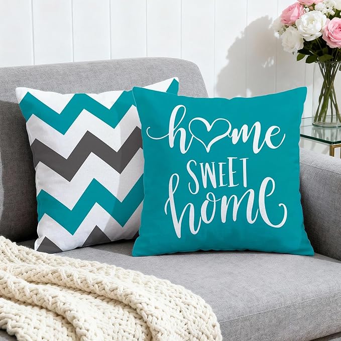 Hexagram Geometric Teal Pillow Covers 18x18 Set of 4, Decorative Outdoor Boho Modern Throw Pillow Covers, Home Sweet Home Farmhouse Cushion Case for Couch Sofa Bedroom Indoor Decor(No Insert)