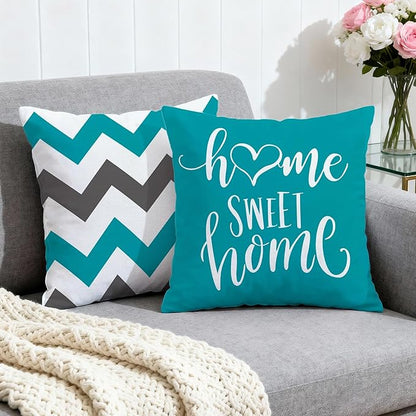 Hexagram Geometric Teal Pillow Covers 18x18 Set of 4, Decorative Outdoor Boho Modern Throw Pillow Covers, Home Sweet Home Farmhouse Cushion Case for Couch Sofa Bedroom Indoor Decor(No Insert)