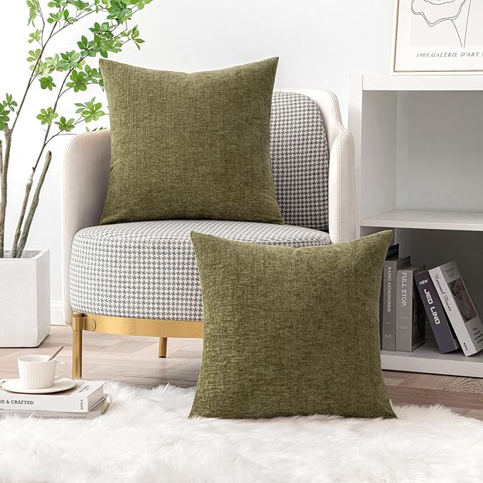 MIULEE Pack of 2 Couch Throw Pillow Covers 18x18 Inch Soft Olive Green Chenille Pillow Covers for Sofa Living Room Solid Dyed Pillow Cases
