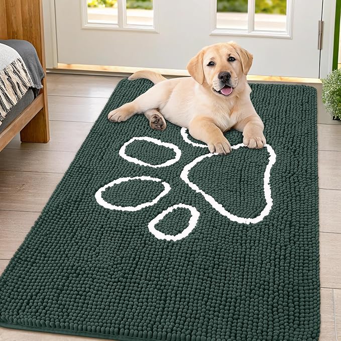 Smiry Dog Door Mat for Muddy Paws, Absorbent Dirt Trapper Non Slip Quick Dry Washable Chenille Mat for Mud Dogs, Entry Rug for Indoor and Outdoor (47x32 Inches, Green and White)