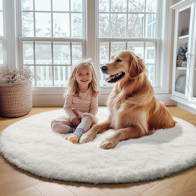 ONASAR Cream White Round Rugs 5ft for Bedroom Living Room, Ivory Fluffy Circle Area Rug for Kids Girls Boys Teen, Soft Plush Shaggy Carpet for Nursery Dorm Classroom Playroom Home Decor Aesthetic