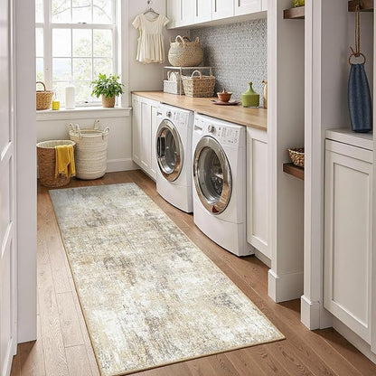 Washable Area Rugs 2'x8' Non-Slip Modern Abstract Soft for Living Room Entryway Bedroom Nursery, Print Pattern, Neutral Brown Gray