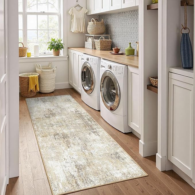 Washable Area Rugs 2'x10' Non-Slip Modern Abstract Soft for Living Room Entryway Bedroom Nursery, Print Pattern, Neutral Brown Gray