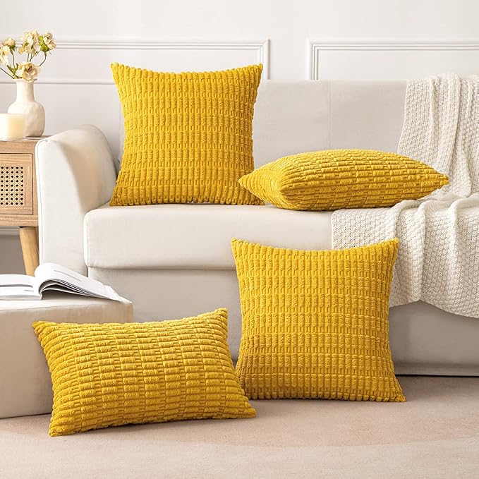 MIULEE Pack of 2 Corduroy Decorative Euro Sham Throw Pillow Covers 24x24 Inch Soft Boho Striped Pillow Covers Modern Farmhouse Home Decor for Summer Sofa Living Room Couch Bed Mustard Yellow