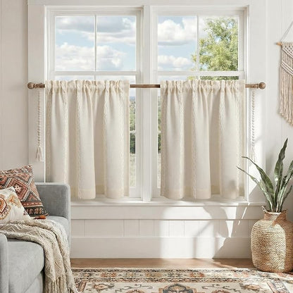 Boho Kitchen Cafe Curtain 24 Inch Length, 36 Inch Width, Single Panel Beige Linen Blend Embroidered Tier Curtain, Light Filtering for Small Window