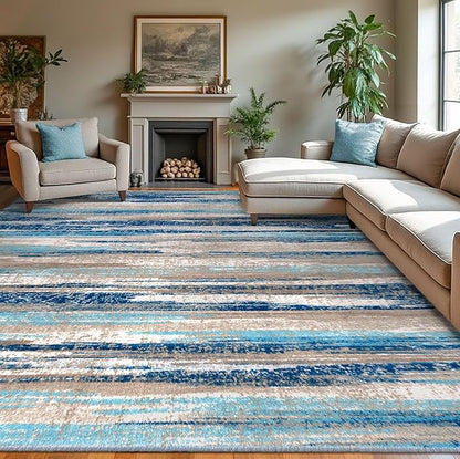 Lansny Modern Abstract 9x12 Large Machine Washable Living Room Rug Non-Slip Soft Bedroom Area Rug Blue Ultra Thin Print Faux Wool Carpet Throw Rugs for Nursery Playroom Dining Room Indoor Office