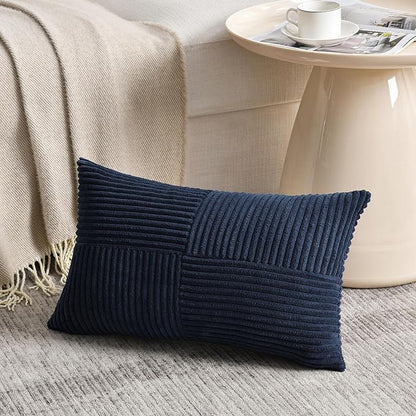 Fancy Homi 2 Packs Navy Blue Lumbar Decorative Throw Pillow Covers 16x26 Inch for Living Room Couch Bed Sofa, Farmhouse Home Decor, Soft Striped Corduroy Rectangle Accent Cushion Case 65x40 cm