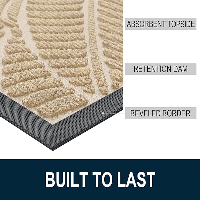 Colorxy Waterproof Doormat, Sturdy Natural Rubber Front Indoor Mat, Non Slip Low Profile Indoor Outdoor Door Mats, Stain and Fade Resistant Floor Mat, Easy Clean Patio Entrance Mat, 30''x17'', Beige