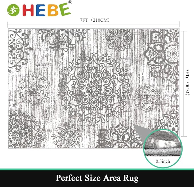 HEBE Washable Area Rug 5'x7' Non Slip Soft Distressed Medallion Bedroom & Living Room Accent Throw Vintage Entry Floor Carpet for Dining Room, Bathroom & Entryway