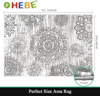 HEBE Washable Area Rug 5'x7' Non Slip Soft Distressed Medallion Bedroom & Living Room Accent Throw Vintage Entry Floor Carpet for Dining Room, Bathroom & Entryway