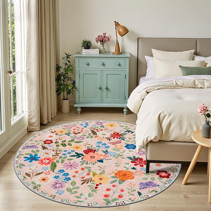Round Area Rug for Living Room: 6 ft Floral Washable Circle Rug Soft Boho Non-Slip Carpet Indoor Stain Resistant Low Pile Small Circular Rug for Bedroom Entryway Kitchen Nursery Home Office Beige