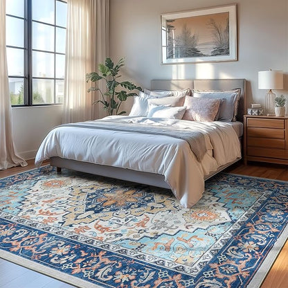 Lofus 9x12 Area Rugs for Living Room, Washable Area Rug, Rugs for Bedroom, Kitchen, Vintage Boho Carpet, Soft Non-Slip, Low Pile Large Area Rug for Office Dining Room, Floral Blue