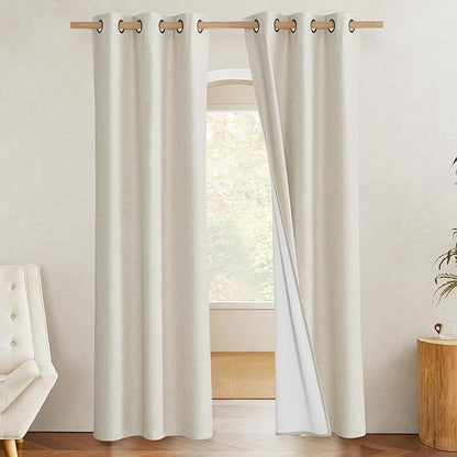 NICETOWN Natural Full Blackout Boho-Chic Linen Curtains 80 inch Long 2 Panels Set for Cafe Window, 34 inch Wide, Thick Linen Blend Drapes, Insulated Window Covers Draperies with White Backing