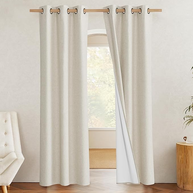 NICETOWN Natural Full Blackout Boho-Chic Linen Curtains 90 inch Long 2 Panels Set for Cafe Window, 34 inch Wide, Thick Linen Blend Drapes, Insulated Window Covers Draperies with White Backing