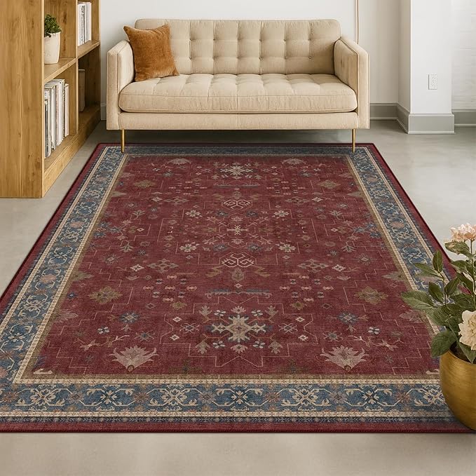 5x8 Boho Dark Red Rug for Living Room - Vintage Oriental Revival Low-Pile Carpet for Bedroom, Dining Table, Machine Washable Area Rug Non-Slip with Rubber Back