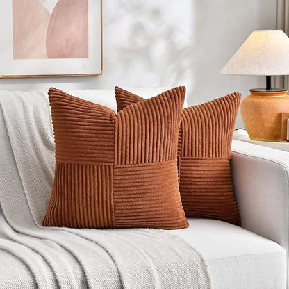 Fancy Homi 2 Packs Rust Big Decorative Throw Pillow Covers 24x24 Inch for Living Room Couch Bed, Rustic Farmhouse Boho Home Decor, Soft Corss Corduroy Patchwork Square Terracotta Cushion Case 60x60 cm